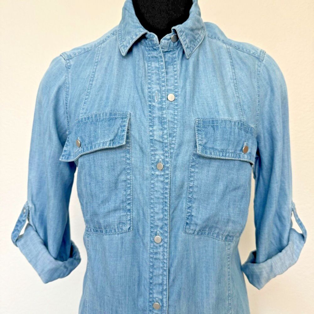 Jones New York Shirt Dress Women 6 Blue Chambray Pockets High Low Midi Dress